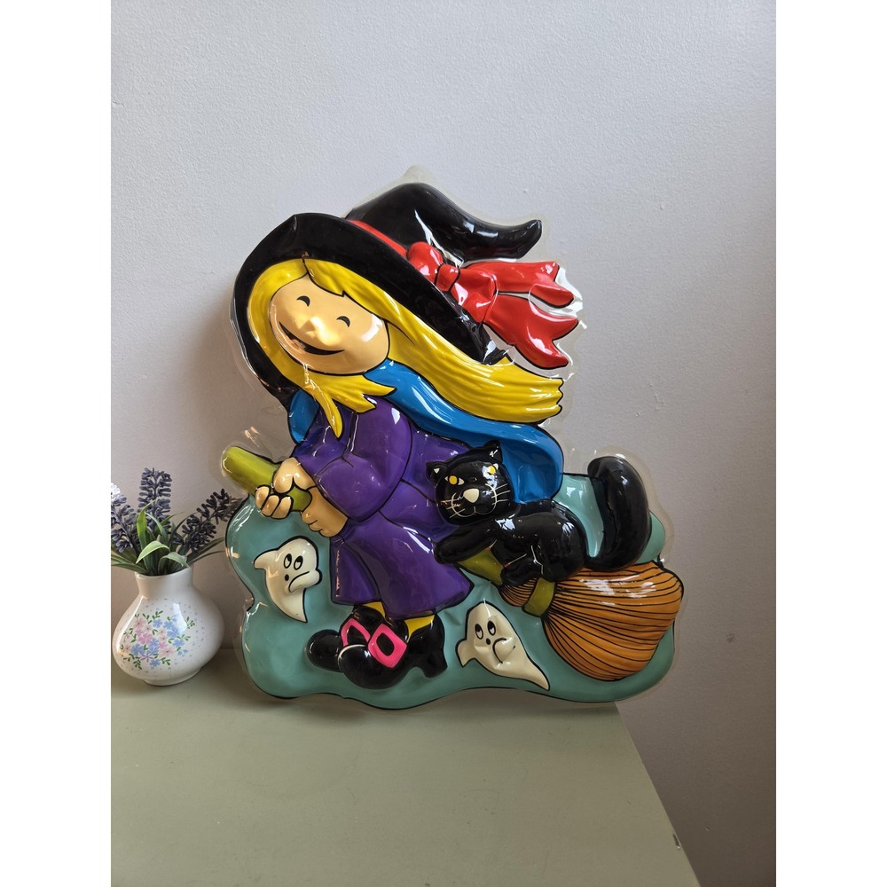 Vintage Halloween Witch Black Cat Ghost Wall Decor Molded Plastic